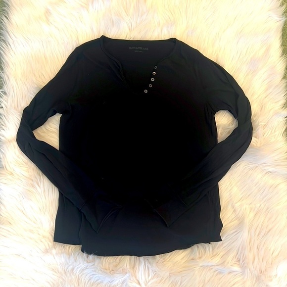 ZADIG & VOLTAIRE Black cotton Henley with matte black rhinestud skull on back S - Picture 3 of 8